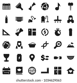 Flat vector icon set - scraper vector, vacuum cleaner, window cleaning, foam basin, agent, plates, shining, woman, colander, cook timer, cookbook, corner ruler, backpack, music, exchange, calendar