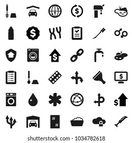 Flat vector icon set - scraper vector, water drop, car fetlock, window cleaning, toilet brush, washer, foam basin, exchange, dollar growth, medal, monitor, bottle, route, internet, ambulance star
