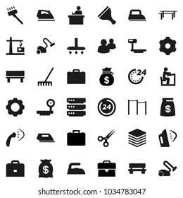 Flat vector icon set - scraper vector, vacuum cleaner, rake, iron, steaming, student, case, money bag, horizontal bar, big scales, group, scissors, data, gear, bench, construction crane, 24 hour