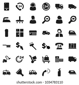 Flat vector icon set - scraper vector, vacuum cleaner, fetlock, iron, steaming, cleaning agent, shining window, dollar cursor, phone 24, support, car, cargo search, mobile, hospital building, hour