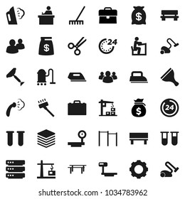 Flat vector icon set - scraper vector, vacuum cleaner, rake, steaming, student, case, money bag, horizontal bar, big scales, group, vial, scissors, data, gear, bench, construction crane, 24 hour