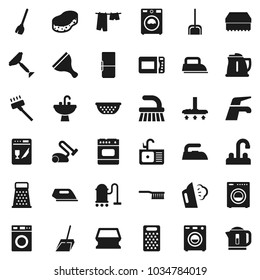Flat vector icon set - scraper vector, broom, water tap, vacuum cleaner, fetlock, scoop, sponge, iron, steaming, drying clothes, washer, sink, kettle, colander, grater, fridge, dishwasher