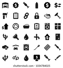 Flat vector icon set - scraper vector, water drop, car fetlock, window cleaning, washer, foam basin, shining, blender, exchange, dollar growth, medal, monitor, bottle, route, internet, gender sign