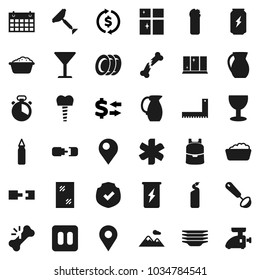 Flat vector icon set - scraper vector, window cleaning, foam basin, agent, plates, shining, cook timer, ladle, jug, corner ruler, backpack, exchange, punching bag, enegry drink, calendar, glass, pin