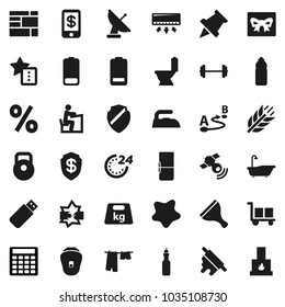 Flat Vector Icon Set - Scraper Vector, Splotch, Iron, Bath, Toilet, Drying Clothes, Rolling Pin, Oil, Student, Paper, Calculator, Barbell, Weight, Water Bottle, Cereals, Consolidated Cargo, Route