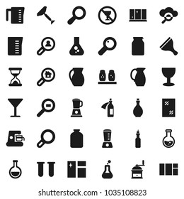 Flat vector icon set - scraper vector, window cleaning, shining, oil, measuring cup, hand mill, spices, jug, jar, flask, no alcohol sign, glass, cargo search, vial, magnifier, sand clock, potion