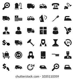 Flat vector icon set - scraper vector, vacuum cleaner, fetlock, car, iron, steaming, shining window, woman, dollar cursor, phone 24, delivery, cargo search, mobile, doctor, hospital building, hour