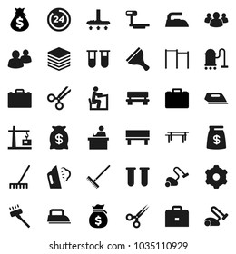 Flat vector icon set - scraper vector, vacuum cleaner, rake, iron, steaming, student, case, money bag, horizontal bar, big scales, group, vial, scissors, data, gear, bench, construction crane
