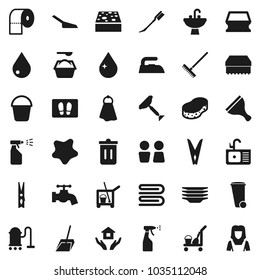 Flat vector icon set - scraper vector, cleaner trolley, vacuum, scoop, rake, bucket, clothespin, sponge, towel, trash bin, water drop, tap, car fetlock, splotch, welcome mat, iron, washing powder
