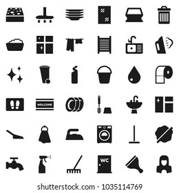 Flat vector icon set - scraper vector, vacuum cleaner, mop, rake, scoop, bucket, sponge, towel, trash bin, water drop, tap, shining, window cleaning, splotch, welcome mat, iron, steaming, washer