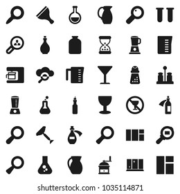 Flat vector icon set - scraper vector, shining window, oil, measuring cup, hand mill, spices, jug, jar, magnifier, flask, no alcohol sign, glass, cargo search, vial, sand clock, potion, cloud