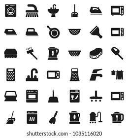 Flat vector icon set - scraper vector, broom, water tap, vacuum cleaner, fetlock, scoop, sponge, iron, drying clothes, sink, pan, kettle, colander, grater, microwave oven, washer, dishwasher