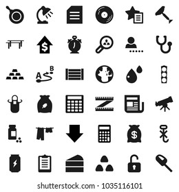 Flat vector icon set - scraper vector, drying clothes, pan, apron, cereal, cake, telescope, table lamp, alarm clock, world, document, dollar growth, calculator, arrow down, gold ingot, measuring