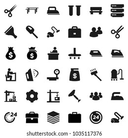 Flat vector icon set - scraper vector, vacuum cleaner, iron, steaming, student, case, money bag, horizontal bar, big scales, group, vial, scissors, data, gear, bench, construction crane, 24 hour