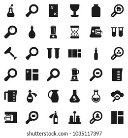 Flat vector icon set - scraper vector, window cleaning, oil, measuring cup, spices, jug, jar, magnifier, flask, glass, cargo search, vial, sand clock, potion, cloud, estate, client, coffee maker