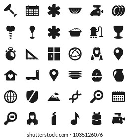 Flat vector icon set - scraper vector, vacuum cleaner, foam basin, cleaning agent, plates, shining window, woman, colander, cook timer, jug, corner ruler, backpack, music, punching bag, calendar