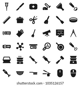Flat vector icon set - scraper vector, broom, fetlock, sponge, rubber glove, pan, colander, cook press, whisk, spatula, ladle, meat hammer, double boiler, blender, sieve, ruler, drawing compass