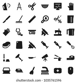 Flat vector icon set - scraper vector, broom, fetlock, rake, sponge, steaming, toilet brush, rubber glove, pan, colander, measuring cup, cook press, whisk, rolling pin, cutting board, blender, ruler