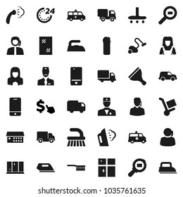 Flat vector icon set - scraper vector, vacuum cleaner, fetlock, window cleaning, iron, steaming, agent, shining, woman, dollar cursor, support, delivery, car, cargo search, mobile phone, doctor