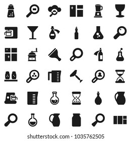 Flat vector icon set - scraper vector, window cleaning, shining, oil, measuring cup, hand mill, spices, jug, jar, flask, glass, cargo search, magnifier, sand clock, potion, cloud, client, blender