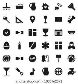 Flat vector icon set - scraper vector, vacuum cleaner, window cleaning, foam basin, plates, shining, woman, colander, cook timer, ladle, jug, corner ruler, music, punching bag, calendar, glass, pin