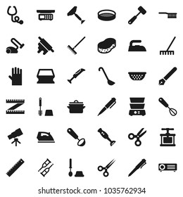 Flat vector icon set - scraper vector, rake, sponge, iron, toilet brush, rubber glove, pan, colander, cook press, whisk, ladle, rolling pin, meat hammer, double boiler, blender, sieve, pen