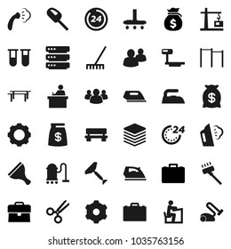 Flat vector icon set - scraper vector, vacuum cleaner, rake, iron, steaming, student, case, money bag, horizontal bar, big scales, group, vial, scissors, data, gear, bench, construction crane