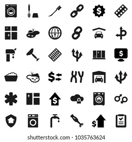 Flat vector icon set - scraper vector, car fetlock, window cleaning, toilet brush, washer, foam basin, shining, blender, exchange, dollar growth, medal, monitor, route, internet, ambulance star