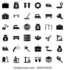 Flat vector icon set - scraper vector, vacuum cleaner, rake, iron, steaming, student, case, money bag, horizontal bar, big scales, group, vial, scissors, data, gear, bench, construction crane