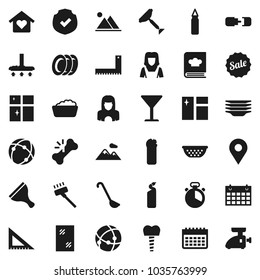 Flat vector icon set - scraper vector, vacuum cleaner, window cleaning, foam basin, agent, plates, shining, woman, colander, cook timer, ladle, cookbook, corner ruler, punching bag, calendar, glass