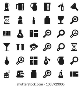 Flat vector icon set - scraper vector, window cleaning, shining, oil, measuring cup, hand mill, jug, jar, magnifier, flask, glass, cargo search, vial, sand clock, potion, cloud, estate, client