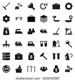 Flat vector icon set - scraper vector, vacuum cleaner, rake, iron, steaming, student, case, money bag, horizontal bar, big scales, group, vial, data, gear, construction crane, 24 hour