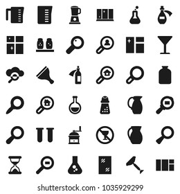 Flat vector icon set - scraper vector, window cleaning, shining, measuring cup, hand mill, spices, jug, jar, magnifier, flask, no alcohol sign, glass, cargo search, vial, sand clock, potion, cloud