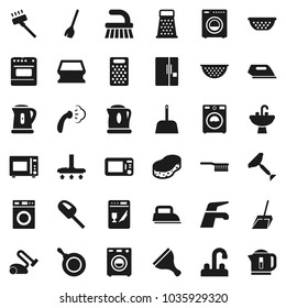 Flat vector icon set - scraper vector, broom, water tap, vacuum cleaner, fetlock, scoop, sponge, steaming, washer, sink, pan, kettle, colander, grater, microwave oven, fridge, iron, dishwasher