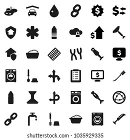 Flat vector icon set - scraper vector, water drop, car fetlock, toilet brush, washer, foam basin, blender, exchange, dollar growth, medal, monitor, bottle, route, internet, ambulance star, chain