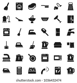 Flat vector icon set - scraper vector, broom, water tap, vacuum cleaner, fetlock, scoop, sponge, iron, steaming, drying clothes, sink, pan, kettle, colander, grater, microwave oven, washer, fridge