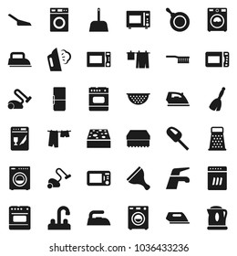 Flat vector icon set - scraper vector, broom, water tap, vacuum cleaner, fetlock, scoop, sponge, iron, steaming, drying clothes, washer, pan, colander, grater, microwave oven, fridge, dishwasher