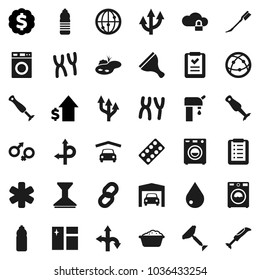 Flat vector icon set - scraper vector, water drop, car fetlock, window cleaning, washer, foam basin, blender, dollar growth, medal, bottle, route, internet, ambulance star, gender sign, chromosomes
