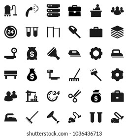 Flat vector icon set - scraper vector, vacuum cleaner, rake, iron, steaming, student, case, money bag, horizontal bar, big scales, group, vial, scissors, data, gear, bench, construction crane
