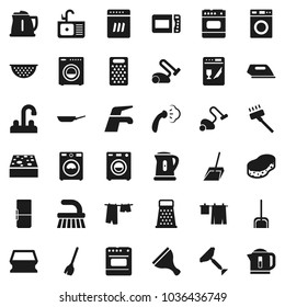 Flat vector icon set - scraper vector, broom, water tap, vacuum cleaner, fetlock, scoop, sponge, steaming, drying clothes, washer, sink, pan, kettle, colander, grater, fridge, iron, dishwasher