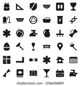 Flat vector icon set - scraper vector, vacuum cleaner, foam basin, shining window, colander, cook timer, cookbook, jug, corner ruler, backpack, punching bag, enegry drink, calendar, glass, protected