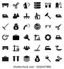 Flat vector icon set - scraper vector, vacuum cleaner, rake, iron, steaming, student, case, money bag, horizontal bar, big scales, group, vial, scissors, data, gear, bench, construction crane