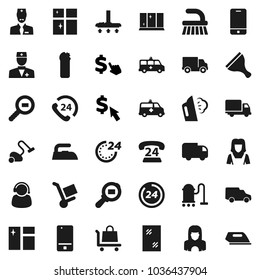 Flat vector icon set - scraper vector, vacuum cleaner, fetlock, window cleaning, iron, steaming, agent, shining, woman, dollar cursor, phone 24, delivery, car, cargo search, mobile, doctor, hour