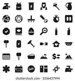 Flat vector icon set - scraper vector, vacuum cleaner, window cleaning, foam basin, agent, woman, colander, cook timer, ladle, cookbook, jug, backpack, exchange, punching bag, enegry drink, calendar