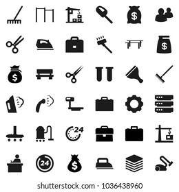Flat vector icon set - scraper vector, vacuum cleaner, rake, iron, steaming, student, case, money bag, horizontal bar, big scales, group, vial, scissors, data, gear, bench, construction crane