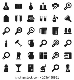 Flat vector icon set - scraper vector, window cleaning, shining, oil, measuring cup, hand mill, spices, jug, jar, magnifier, flask, glass, cargo search, vial, potion, cloud, estate, client, blender