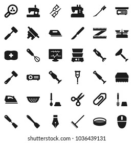 Flat vector icon set - scraper vector, rake, sponge, car fetlock, iron, toilet brush, colander, whisk, spatula, rolling pin, meat hammer, double boiler, blender, sieve, pen, scissors, measuring