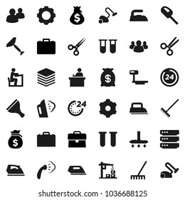 Flat vector icon set - scraper vector, vacuum cleaner, rake, iron, steaming, student, case, money bag, big scales, group, vial, scissors, data, gear, construction crane, 24 hour