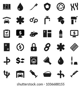 Flat vector icon set - scraper vector, water drop, car fetlock, window cleaning, toilet brush, foam basin, shining, blender, exchange, monitor dollar, bottle, route, internet, ambulance star, chain