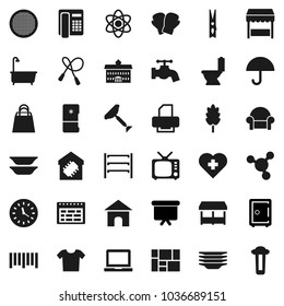 Flat vector icon set - scraper vector, clothespin, water tap, bath, toilet, plates, sieve, cereal, university, atom, notebook pc, schedule, molecule, presentation board, safe, jump rope, heart cross